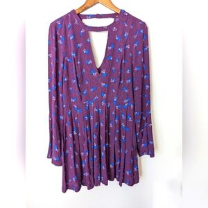 Free People Tegan Floral Purple Long Sleeve Keyhole Mini Dress Boho Hippie Fairy